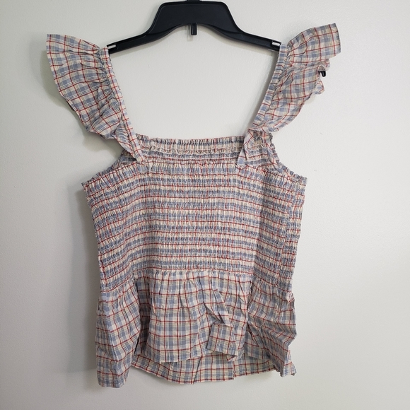 Size 10 M/L Madewell Seersucker Smocked Peplum Top in Plaid Spring Summer - Picture 2 of 5
